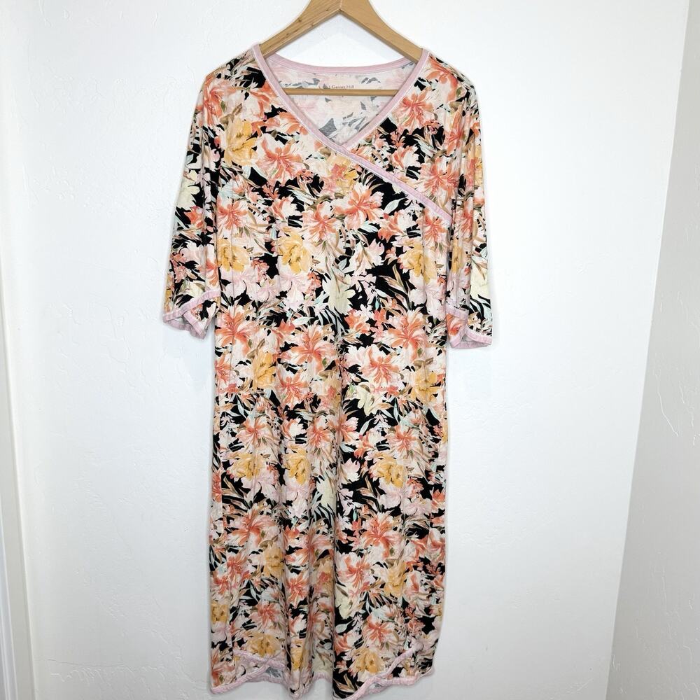 Garnet Hill Green Cotton Asian Wrap Midi Nightgown Womens Medium black Floral